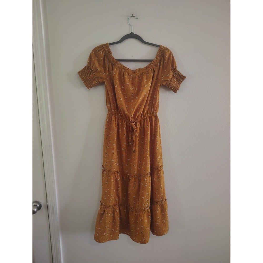 Blush Mustard Yellow Floral Tiered Midi Dress Cottagecore Off Shoulder Small